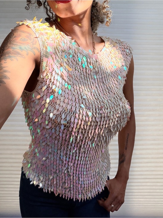Vintage Tops - Vintage Y2K Iridescent Paillette Mesh Festival Blouse
